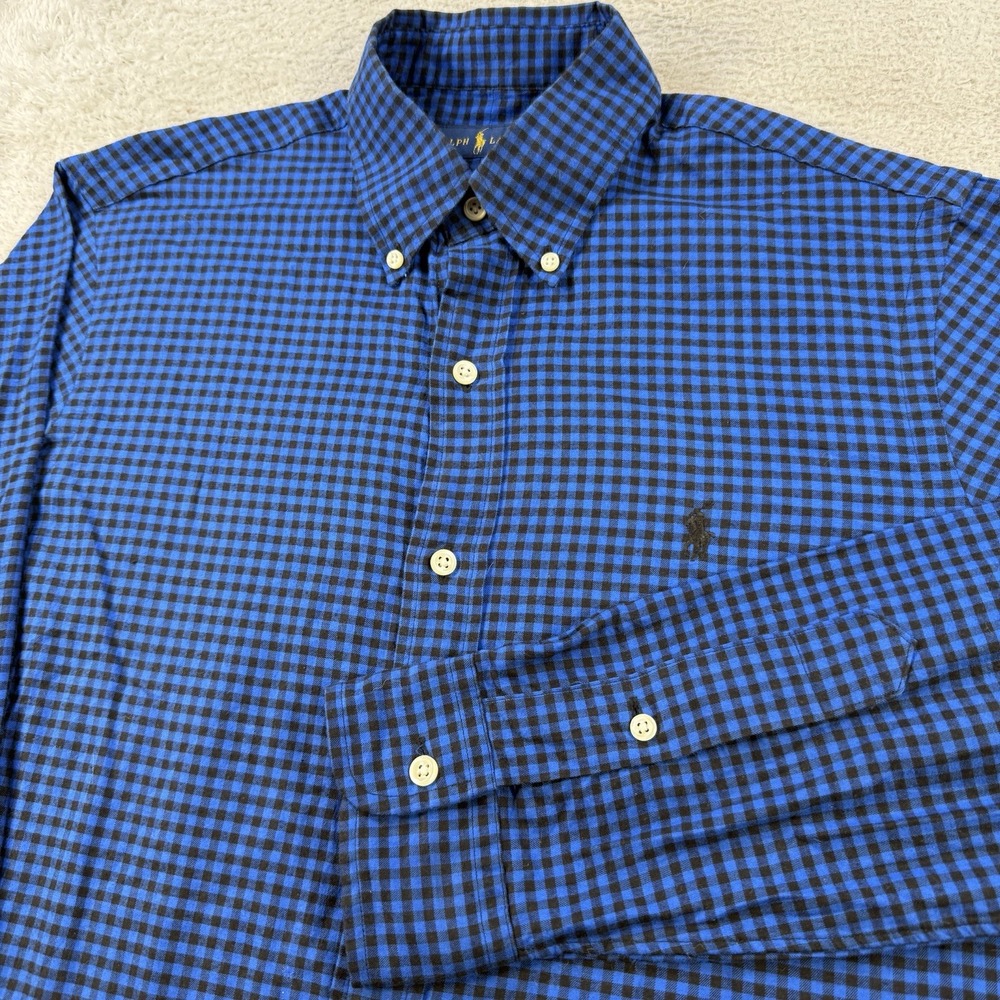 Polo Ralph Lauren Shirt Mens Small Blue Black Gingham Button Long Sleeve Pony